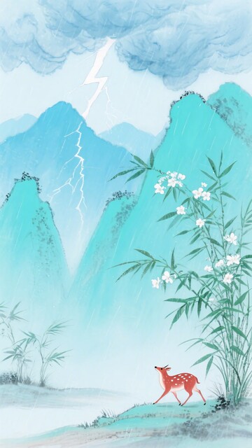 山水间的小鹿与闪电景象344