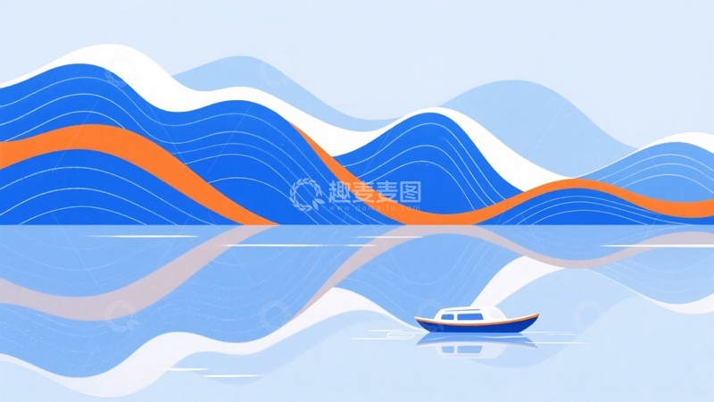 高清大图下载【趣麦麦图】蓝橙配色山水间的小船插画710