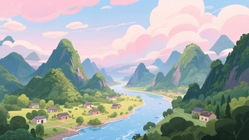 山间河流旁的美丽村落风景015