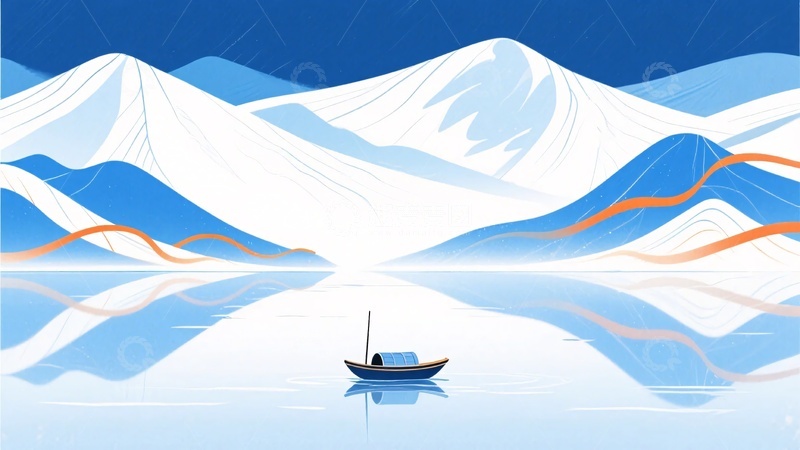 高清大图下载【趣麦麦图】-湖面孤舟与雪山风景插画498