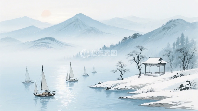 高清大图下载【趣麦麦图】-冬日山水帆船雪景图446