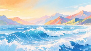 海浪与多彩山峦的美丽景观592