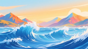 海浪与山峦的绚丽插画974
