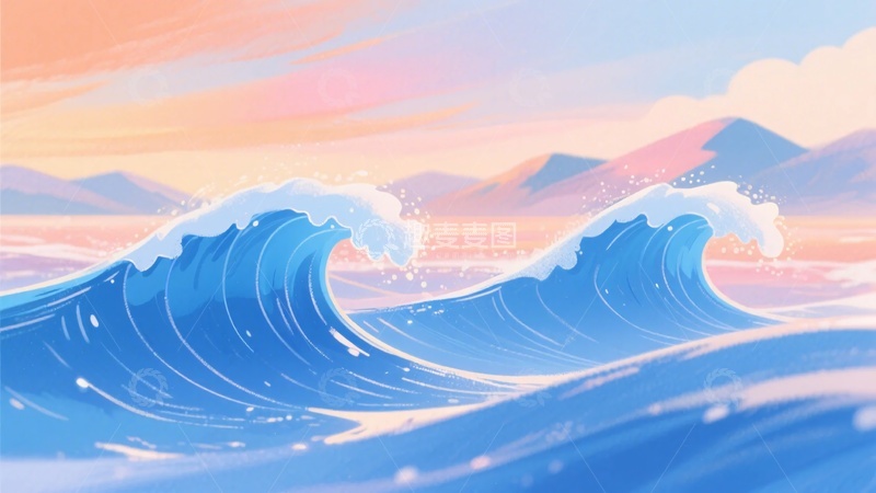 高清大图下载【趣麦麦图】-唯美海浪与远山插画风景635