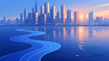 城市水边蜿蜒蓝色道路景观748