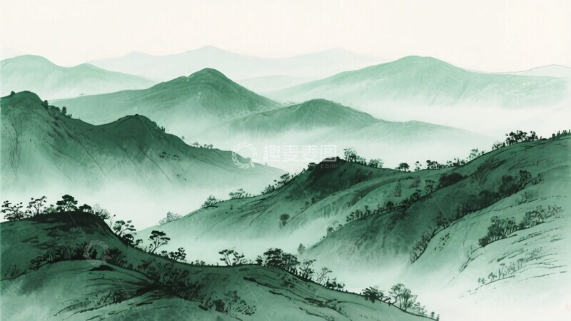 高清大图下载【趣麦麦图】-水墨风格青绿山水图景125