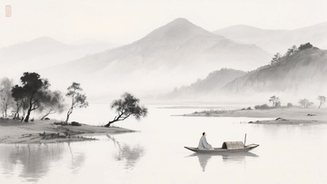 水墨山水间的孤舟旅人271