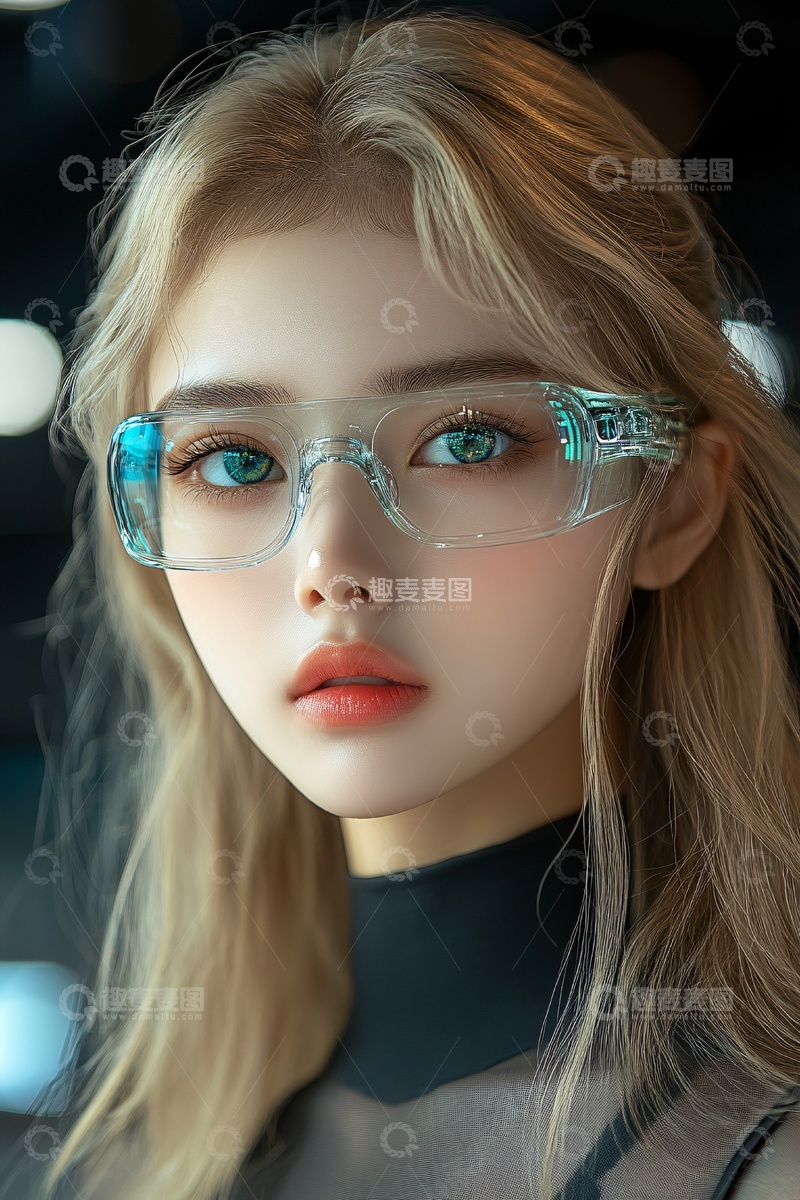 高清大图下载【趣麦麦图】-戴透明眼镜的金发女孩358