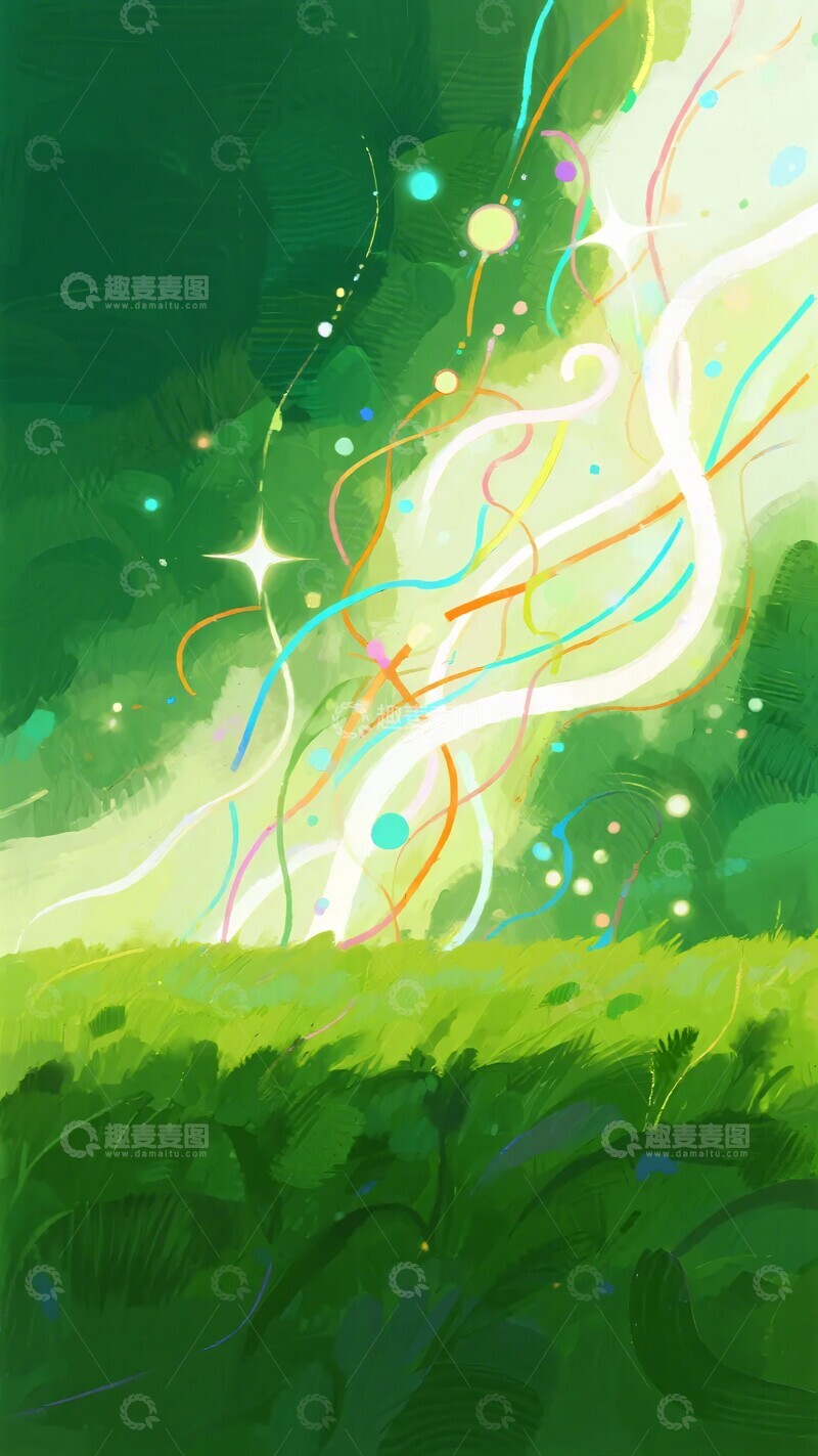 高清大图下载【趣麦麦图】-梦幻绿色草地与流光插画087