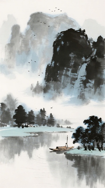 水墨山水间的孤舟之景015