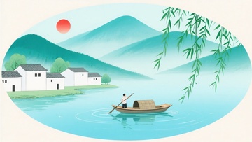 水乡泛舟山水插画379
