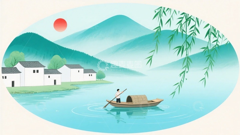 高清大图下载【趣麦麦图】-水乡泛舟山水插画379