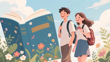 校园情侣与大书本插画场景787