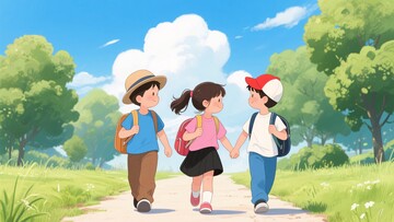 孩童结伴走在户外小路上477