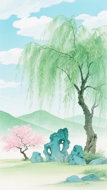 春日山水柳树风景插画112