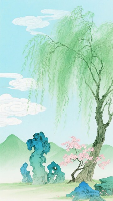 中式山水柳树风景插画556