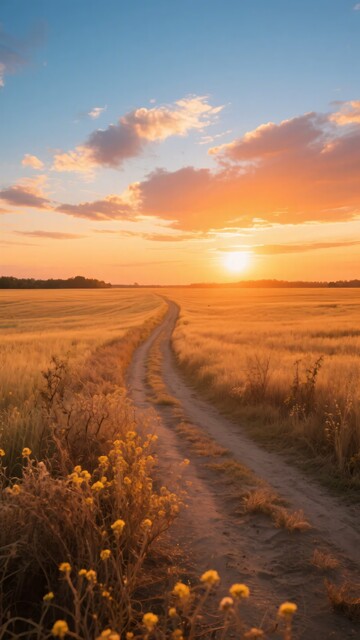田野间夕阳下的蜿蜒小路524