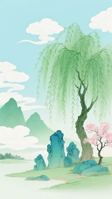 中式山水柳树风景插画829