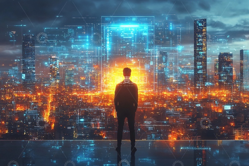高清大图下载【趣麦麦图】-男子眺望科技感城市夜景762