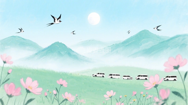 高清大图下载【趣麦麦图】-春日山水间列车风景插画153
