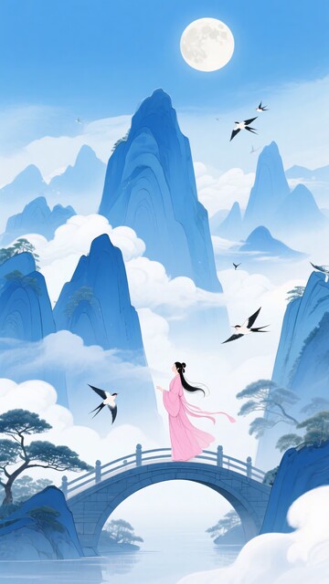 古风女子月下桥上观景图052