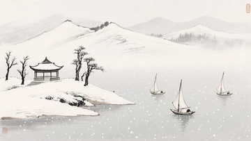 冬日雪景中的亭台与帆船323