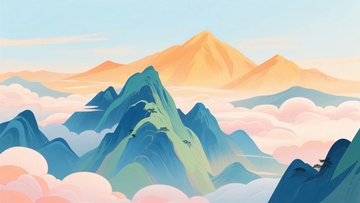 插画风格的山峦云海美景380