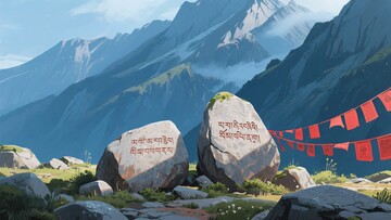 山间刻字巨石与经幡风景764