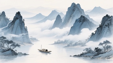 水墨山水间的孤舟景象562