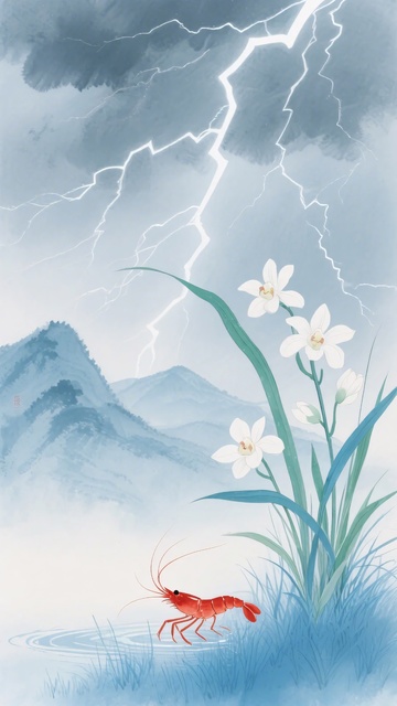 雷雨下的山间花草与红虾778