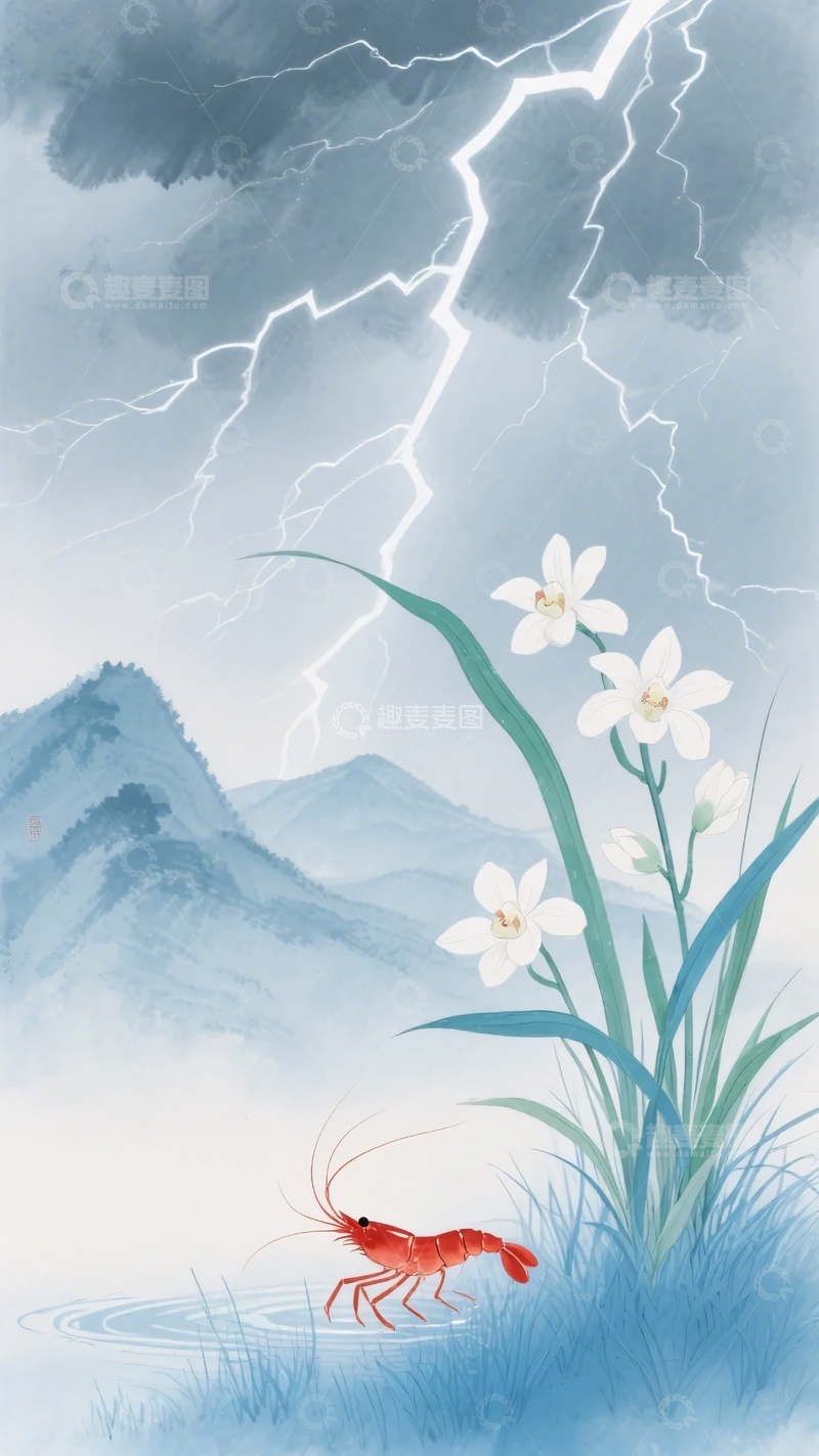高清大图下载【趣麦麦图】-雷雨下的山间花草与红虾778
