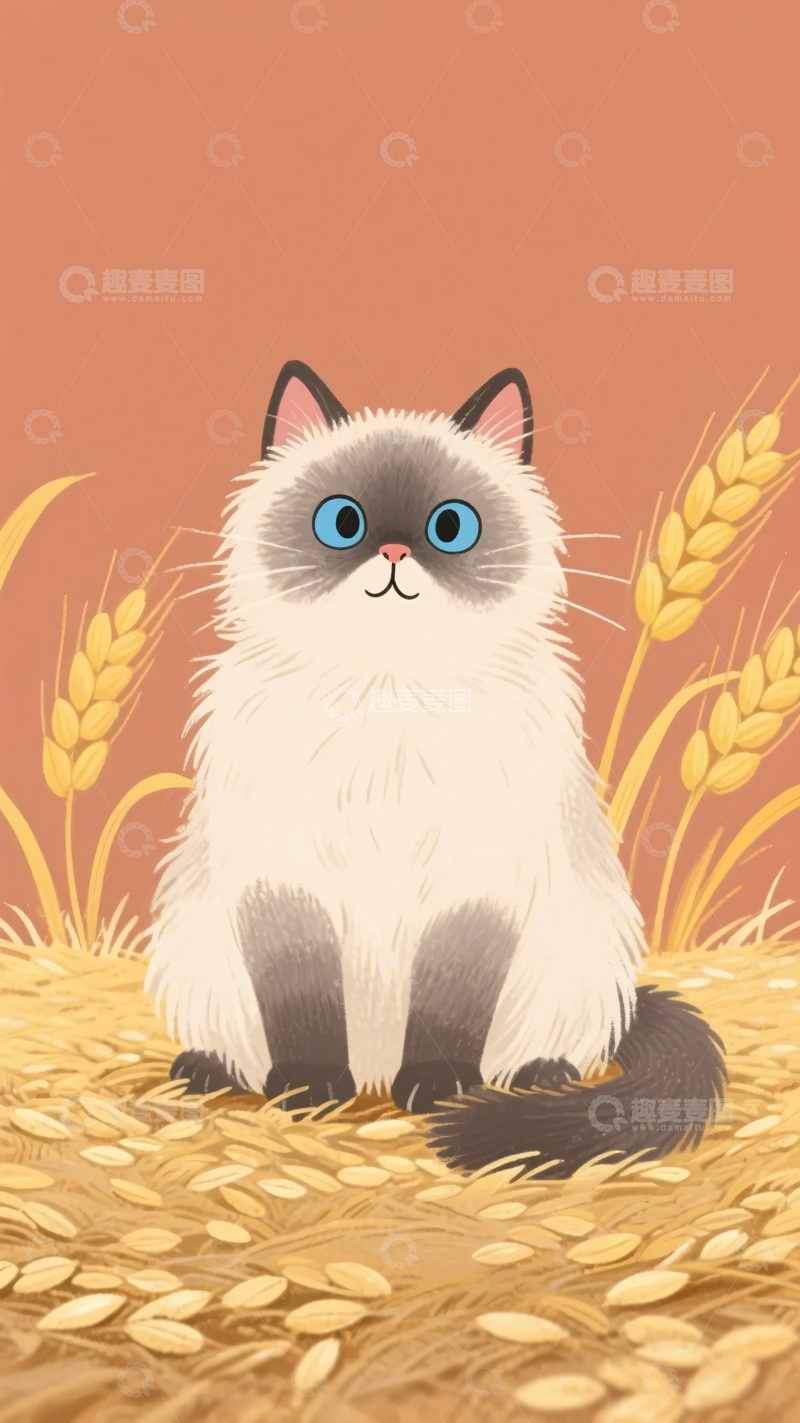 高清大图下载【趣麦麦图】-插画中可爱的猫咪坐于麦田947
