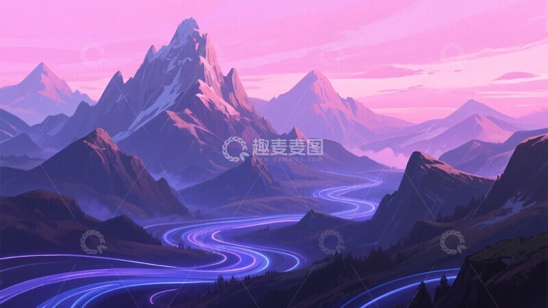 高清大图下载【趣麦麦图】-梦幻紫色系山间公路插画415