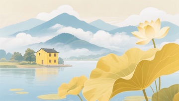 湖畔小屋与荷花风景插画552