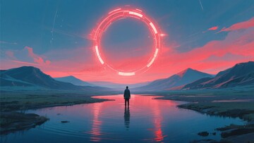一人于幻景湖前望发光圆环132