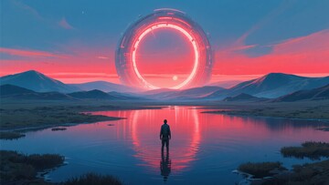 人立于奇幻环形天体前的景观712