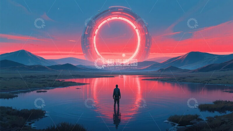 高清大图下载【趣麦麦图】-人立于奇幻环形天体前的景观712