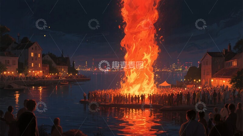 高清大图下载【趣麦麦图】-夜晚河边大型篝火场景397