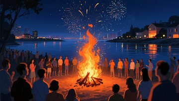 夜晚众人围篝火赏烟花场景806