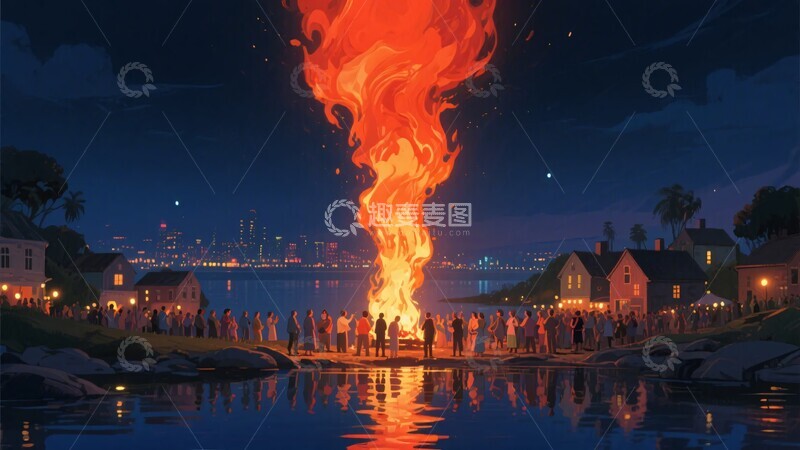 高清大图下载【趣麦麦图】夜晚湖畔人群围绕篝火的景象912