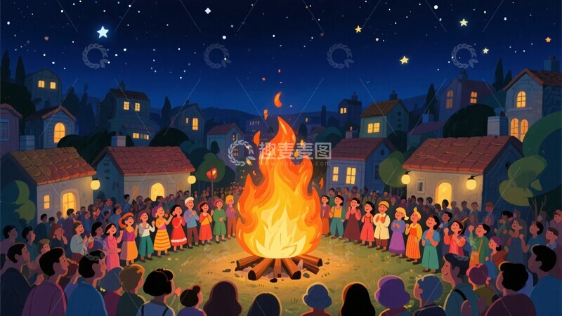 高清大图下载【趣麦麦图】-夜晚众人围篝火欢乐场景422