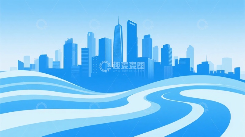 高清大图下载【趣麦麦图】-蓝调城市与波浪背景插画971