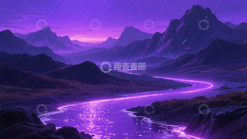 高清大图下载【趣麦麦图】-梦幻紫色山川河流夜景图929