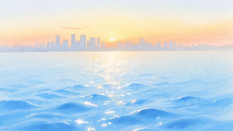 高清大图下载【趣麦麦图】-海边城市日落插画风景952