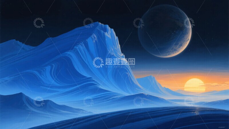 高清大图下载【趣麦麦图】-梦幻蓝色山水日月景观990