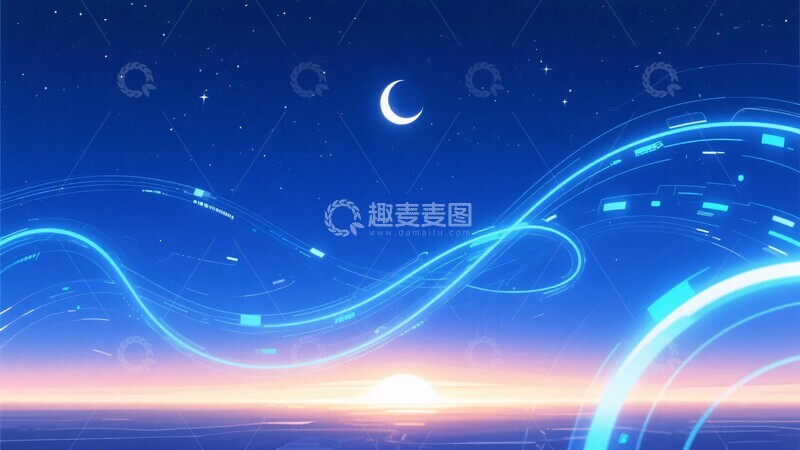 高清大图下载【趣麦麦图】-梦幻星空与波光夜景插画760