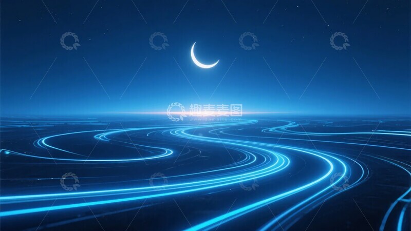 高清大图下载【趣麦麦图】-月夜下的蓝色光轨抽象风景736