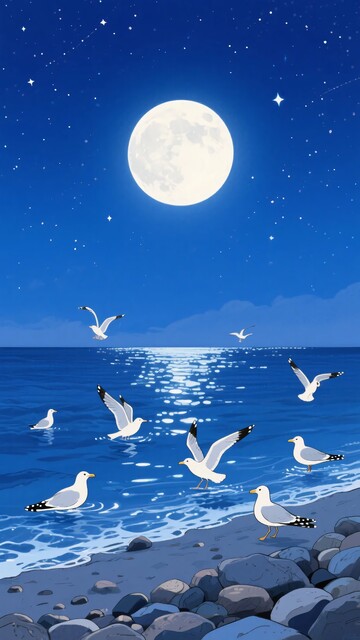 月夜海边海鸥飞翔景象391
