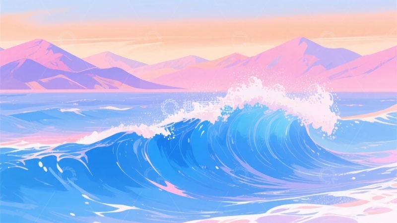 高清大图下载【趣麦麦图】-海浪与远山的梦幻插画644