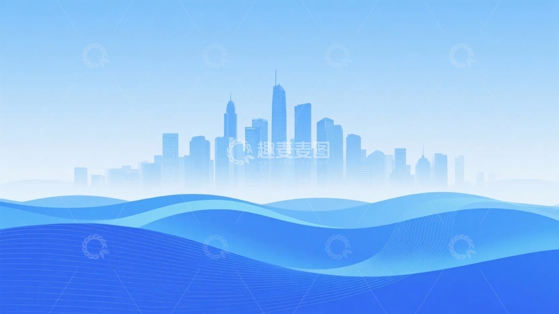 高清大图下载【趣麦麦图】蓝色城市与波浪背景插画000